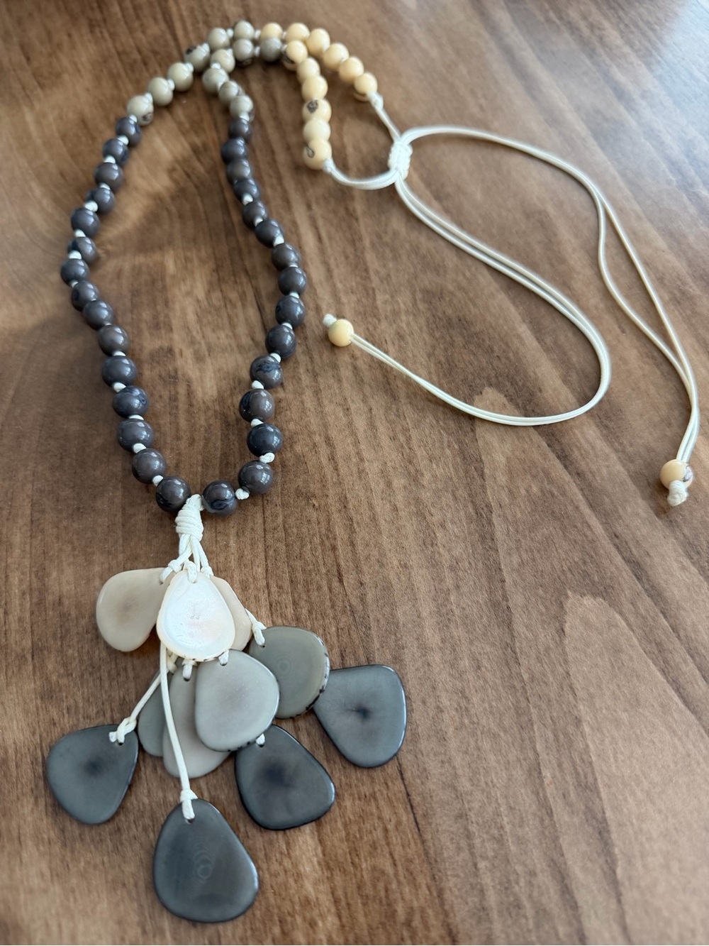 TAGUA TASSEL ACAI Bead Beaded Necklace Artisan Handmade Unique gray nwt